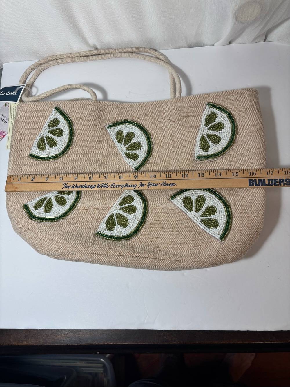 Beaded Lime Motif Handcrafted  Beige Tote Bag with roped handles - Picture 2 of 5